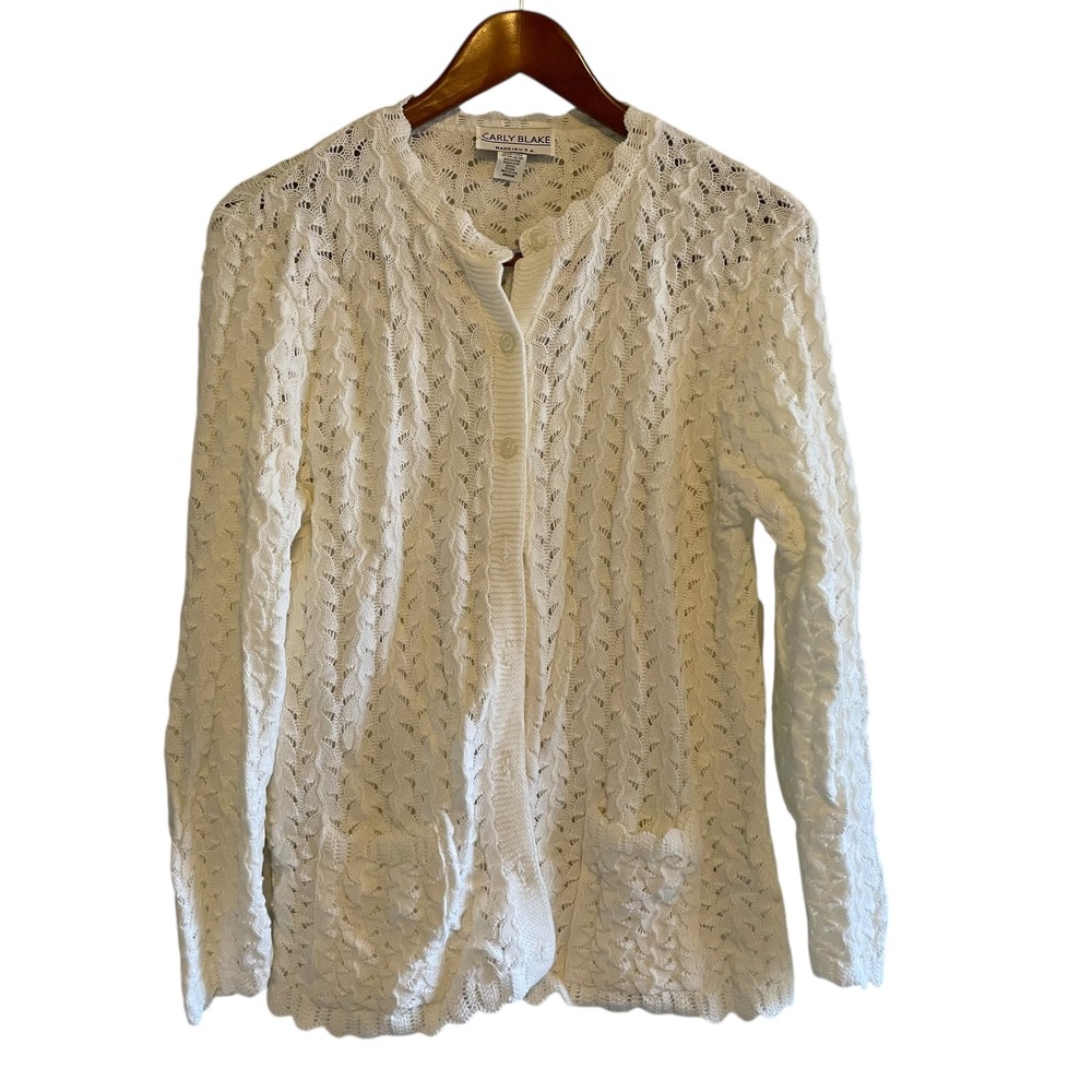 Carly Blake White Pointelle Knit Cardigan Sweater Made in USA‎ Medium